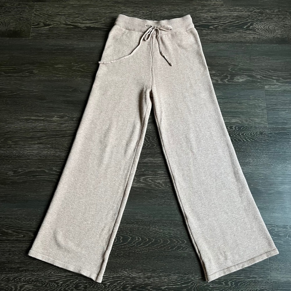 Womens Wide‎ Leg High Waist Knit Palazzo Pants Small Drawstring Oatmeal Viscose